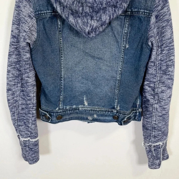 Free People Mixed Media Distressed Denim Jacket  with Knit Sleeves - Picture 15 of 16